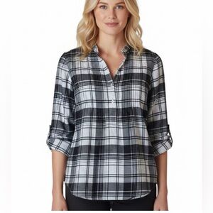 Lands' End Black White Plaid Flannel Shirt Tunic Cotton,  Pin tucks on Yoke 8